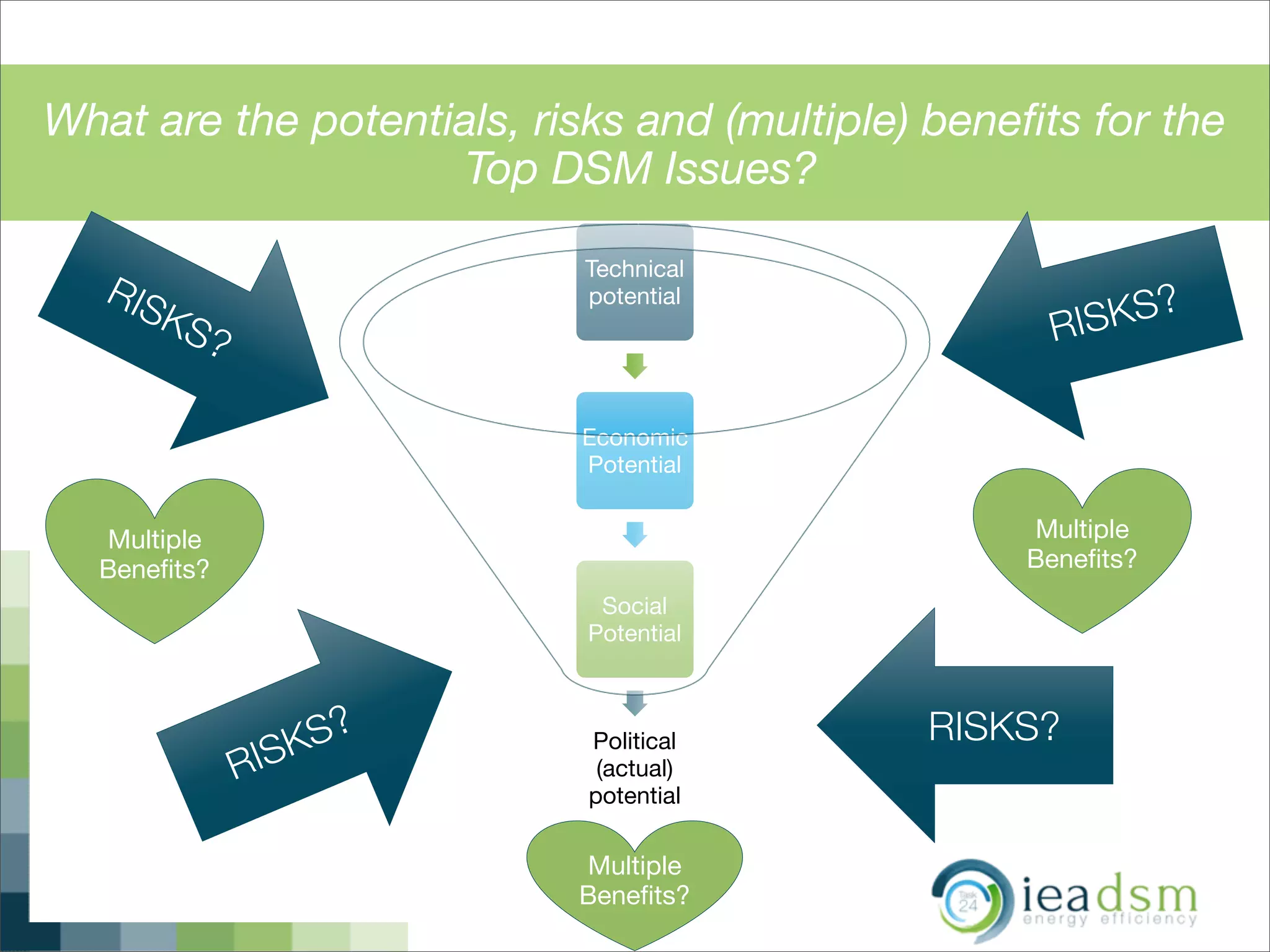 Multiple
Beneﬁts?
What are the potentials, risks and (multiple) beneﬁts for the
Top DSM Issues?
Technical
potential
Economic
Potential
Social
Potential
Political
(actual)
potential
RISKS?
RISKS?
RISKS?
RISKS?
Multiple
Beneﬁts?
Multiple
Beneﬁts?
 
