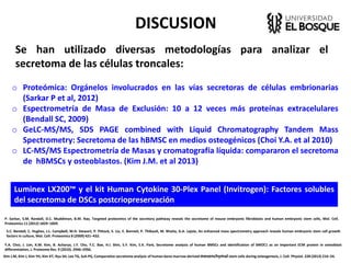 DISCUSION
P. Sarkar, S.M. Randall, D.C. Muddiman, B.M. Rao, Targeted proteomics of the secretory pathway reveals the secretome of mouse embryonic fibroblasts and human embryonic stem cells, Mol. Cell.
Proteomics 11 (2012) 1829–1839.
Se han utilizado diversas metodologías para analizar el
secretoma de las células troncales:
o Proteómica: Orgánelos involucrados en las vías secretoras de células embrionarias
(Sarkar P et al, 2012)
o Espectrometría de Masa de Exclusión: 10 a 12 veces más proteínas extracelulares
(Bendall SC, 2009)
o GeLC-MS/MS, SDS PAGE combined with Liquid Chromatography Tandem Mass
Spectrometry: Secretoma de las hBMSC en medios osteogénicos (Choi Y.A. et al 2010)
o LC-MS/MS Espectrometría de Masas y cromatografía líquida: compararon el secretoma
de hBMSCs y osteoblastos. (Kim J.M. et al 2013)
S.C. Bendall, C. Hughes, J.L. Campbell, M.H. Stewart, P. Pittock, S. Liu, E. Bonneil, P. Thibault, M. Bhatia, G.A. Lajoie, An enhanced mass spectrometry approach reveals human embryonic stem cell growth
factors in culture, Mol. Cell. Proteomics 8 (2009) 421–432.
Kim J.M, Kim J, Kim YH, Kim KT, Ryu SH, Lee TG, Suh PG, Comparative secretome analysis of human bone marrow-derived mesenchymal stem cells during osteogenesis, J. Cell. Physiol. 228 (2013) 216–24.
Y.A. Choi, J. Lim, K.M. Kim, B. Acharya, J.Y. Cho, Y.C. Bae, H.I. Shin, S.Y. Kim, E.K. Park, Secretome analysis of human BMSCs and identification of SMOC1 as an important ECM protein in osteoblast
differentiation, J. Proteome Res. 9 (2010). 2946–2956.
Luminex LX200™ y el kit Human Cytokine 30-Plex Panel (Invitrogen): Factores solubles
del secretoma de DSCs postcriopreservación
 
