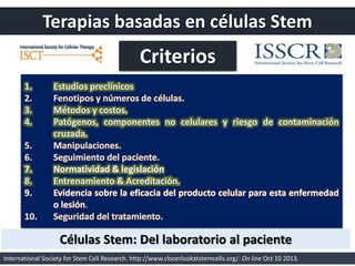 1. Estudios preclínicos
2. Fenotipos y números de células.
3. Métodos y costos.
4. Patógenos, componentes no celulares y riesgo de contaminación
cruzada.
5. Manipulaciones.
6. Seguimiento del paciente.
7. Normatividad & legislación
8. Entrenamiento & Acreditación.
9. Evidencia sobre la eficacia del producto celular para esta enfermedad
o lesión.
10. Seguridad del tratamiento.
Terapias basadas en células Stem
Criterios
Células Stem: Del laboratorio al paciente
International Society for Stem Cell Research. http://www.closerlookatstemcells.org/. On line Oct 10 2013.
 