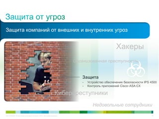 C97-714039-00 © Cisco и/или ее дочерние компании, 2012 г. Все права защищены. 30
Защита
Недовольные сотрудники
- Устройство обеспечения безопасности IPS 4500
- Контроль приложений Cisco® ASA CX
Хакеры
Киберпреступники
Организованная преступность
Защита компаний от внешних и внутренних угроз
 