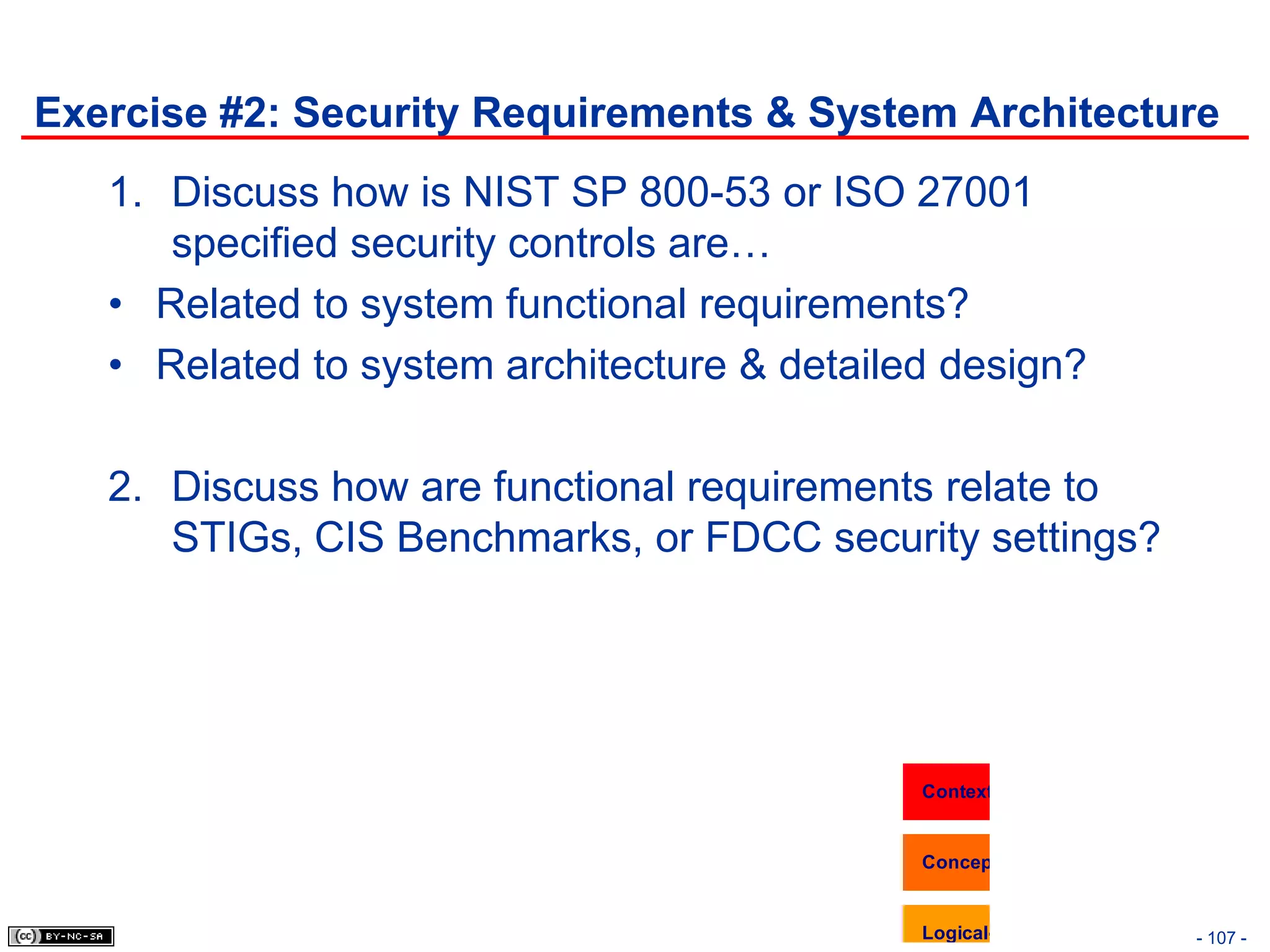 Exercise #2: Security Requirements & System Architecture
   1. Discuss how is NIST SP 800-53 or ISO 27001
      specified security controls are…
   • Related to system functional requirements?
   • Related to system architecture & detailed design?

   2. Discuss how are functional requirements relate to
      STIGs, CIS Benchmarks, or FDCC security settings?




                                             Contextual-level (Architecture)




                                                                                         Operational-leve
                                             Conceptual-level (Architecture)


                                             Logical-level (Design)            - 107 -
 