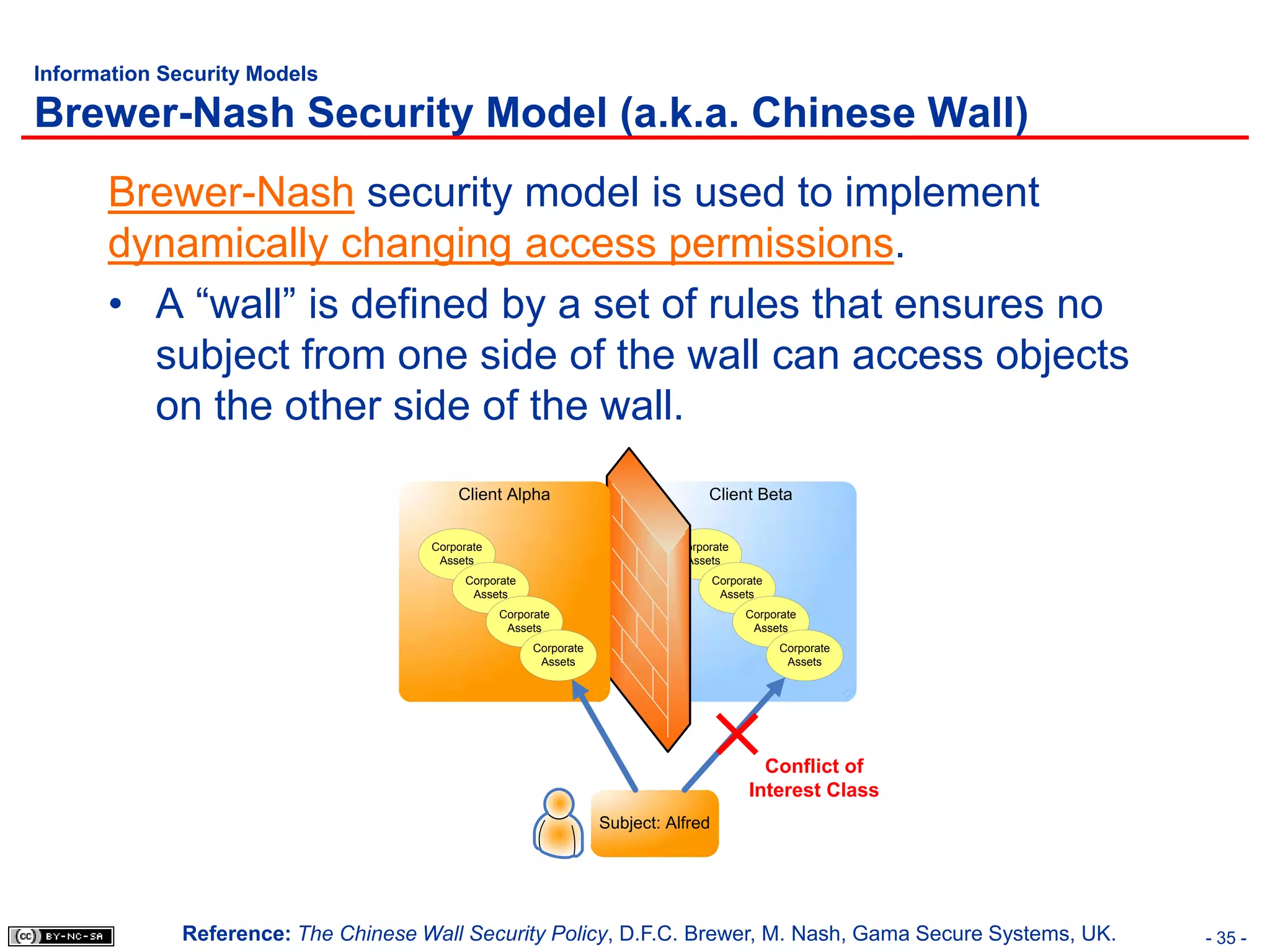 Information Security Models

Brewer-Nash Security Model (a.k.a. Chinese Wall)
       Brewer-Nash security model is used to implement
       dynamically changing access permissions.
       • A “wall” is defined by a set of rules that ensures no
         subject from one side of the wall can access objects
         on the other side of the wall.
                                          Client Alpha                             Client Beta

                                      Corporate                               Corporate
                                       Assets                                  Assets
                                            Corporate                                 Corporate
                                             Assets                                    Assets
                                                  Corporate                                 Corporate
                                                   Assets                                    Assets
                                                        Corporate                                 Corporate
                                                         Assets                                    Assets




                                                                                              Conflict of
                                                                                            Interest Class
                                                                    Subject: Alfred




              Reference: The Chinese Wall Security Policy, D.F.C. Brewer, M. Nash, Gama Secure Systems, UK.   - 35 -
 
