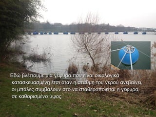 Εδώ βλέπουμε μια γέφυρα που είναι οικολογικά
κατασκευασμένη έτσι όταν η στάθμη του νερού ανεβαίνει,
οι μπάλες συμβάλουν στο να σταθεροποιείται η γέφυρα
σε καθορισμένο ύψος.
 