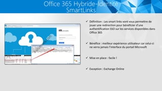 Office 365 Hybride-Identité
SmartLinks
 Définition : Les smart links vont vous permettre de
jouer une redirection pour bénéficier d'une
authentification SSO sur les services disponibles dans
Office 365
 Bénéfice : meilleur expérience utilisateur car celui-ci
ne verra jamais l’interface du portail Microsoft
 Mise en place : facile !
 Exception : Exchange Online
 