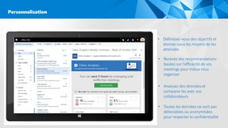 • Définissez-vous des objectifs et
donnez-vous les moyens de les
atteindre
• Recevez des recommandations
basées sur l’efficacité de vos
meetings pour mieux vous
organiser
• Analysez des données et
comparez les avec vos
collaborateurs
• Toutes les données ne sont pas
détectables ou anonymisées
pour respecter la confidentialité
Personnalisation
 