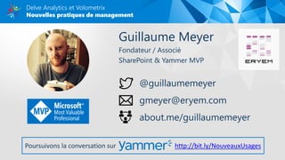 Nouvelles pratiques de management
Delve Analytics et Volometrix
Guillaume Meyer
Fondateur / Associé
SharePoint & Yammer MVP
@guillaumemeyer
gmeyer@eryem.com
about.me/guillaumemeyer
Poursuivons la conversation sur http://bit.ly/NouveauxUsages
 