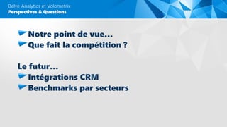 Notre point de vue…
Que fait la compétition ?
Le futur…
Intégrations CRM
Benchmarks par secteurs
Delve Analytics et Volometrix
Perspectives & Questions
 