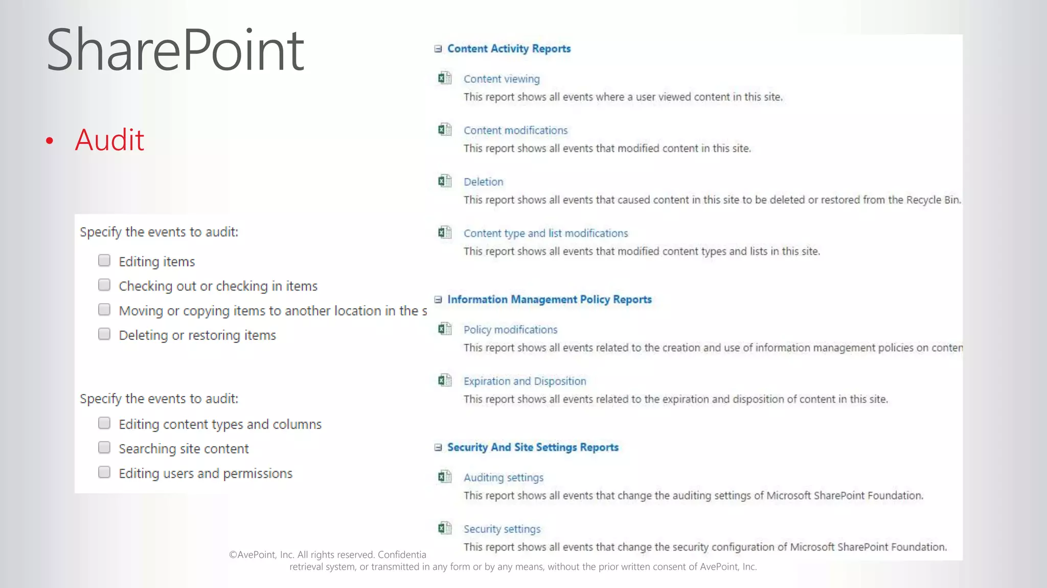 ©AvePoint, Inc. All rights reserved. Confidential and proprietary information of AvePoint, Inc. No part of this may be reproduced, stored in a
retrieval system, or transmitted in any form or by any means, without the prior written consent of AvePoint, Inc.
• Audit
 