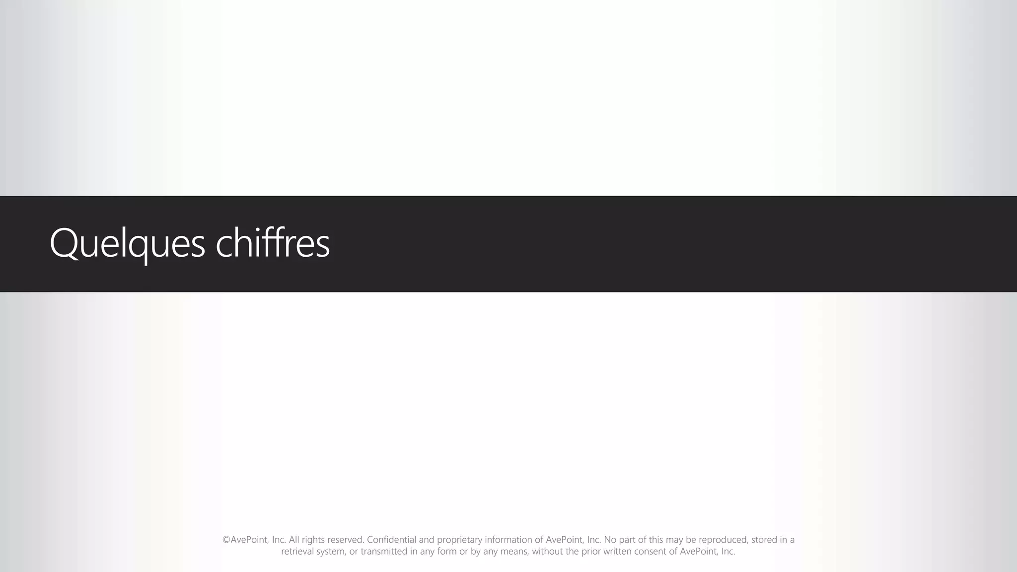©AvePoint, Inc. All rights reserved. Confidential and proprietary information of AvePoint, Inc. No part of this may be reproduced, stored in a
retrieval system, or transmitted in any form or by any means, without the prior written consent of AvePoint, Inc.
Quelques chiffres
 