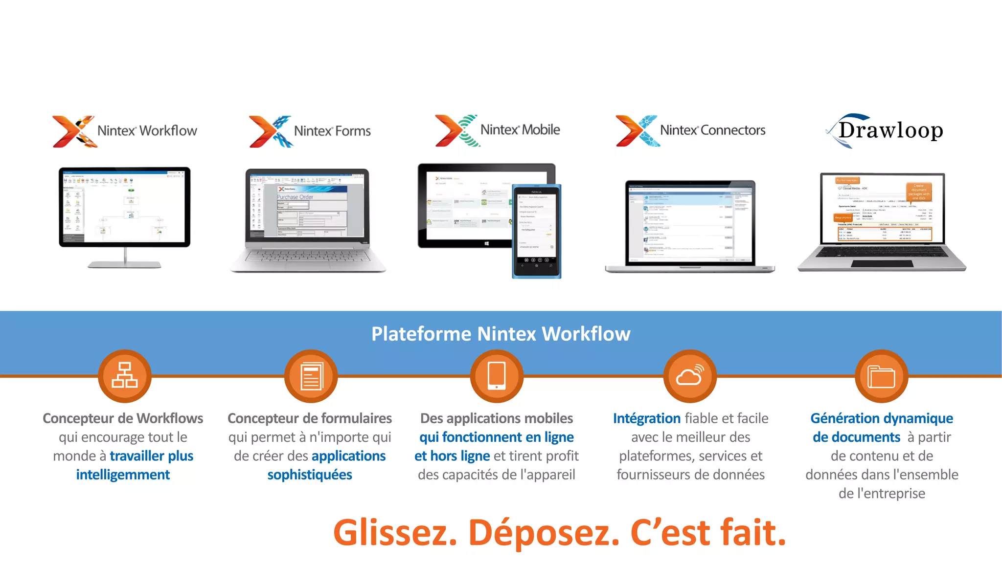 Plateforme Nintex Workflow
Concepteur de Workflows
qui encourage tout le
monde à travailler plus
intelligemment
Concepteur de formulaires
qui permet à n'importe qui
de créer des applications
sophistiquées
Des applications mobiles
qui fonctionnent en ligne
et hors ligne et tirent profit
des capacités de l'appareil
Intégration fiable et facile
avec le meilleur des
plateformes, services et
fournisseurs de données
Glissez. Déposez. C’est fait.
Génération dynamique
de documents à partir
de contenu et de
données dans l'ensemble
de l'entreprise
 
