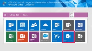 Office 365 Vidéo - Lancement
Office 365 - Quels usages pour l’éducation, la formation et l’e-learning ?
 