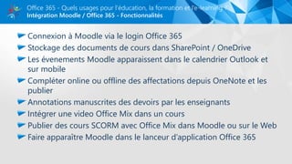Intégration Moodle / Office 365 - Fonctionnalités
Office 365 - Quels usages pour l’éducation, la formation et l’e-learning ?
Connexion à Moodle via le login Office 365
Stockage des documents de cours dans SharePoint / OneDrive
Les évenements Moodle apparaissent dans le calendrier Outlook et
sur mobile
Compléter online ou offline des affectations depuis OneNote et les
publier
Annotations manuscrites des devoirs par les enseignants
Intégrer une video Office Mix dans un cours
Publier des cours SCORM avec Office Mix dans Moodle ou sur le Web
Faire apparaître Moodle dans le lanceur d’application Office 365
 