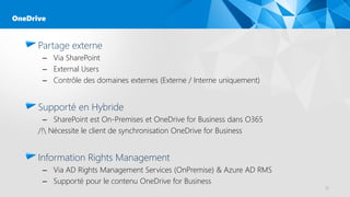 Partage externe
– Via SharePoint
– External Users
– Contrôle des domaines externes (Externe / Interne uniquement)
Supporté en Hybride
– SharePoint est On-Premises et OneDrive for Business dans O365
/! Nécessite le client de synchronisation OneDrive for Business
Information Rights Management
– Via AD Rights Management Services (OnPremise) & Azure AD RMS
– Supporté pour le contenu OneDrive for Business
32
OneDrive
 