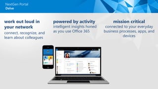 NextGen Portal
Delve
powered by activity
intelligent insights honed
as you use Office 365
mission critical
connected to your everyday
business processes, apps, and
devices
work out loud in
your network
connect, recognize, and
learn about colleagues
 