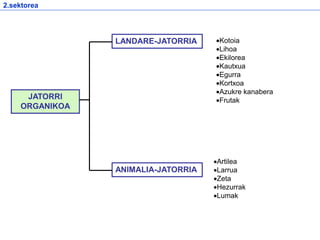 LANDARE-JATORRIA
ANIMALIA-JATORRIA
JATORRI
ORGANIKOA
Kotoia
Lihoa
Ekilorea
Kautxua
Egurra
Kortxoa
Azukre kanabera
Frutak
Artilea
Larrua
Zeta
Hezurrak
Lumak
2.sektorea
 