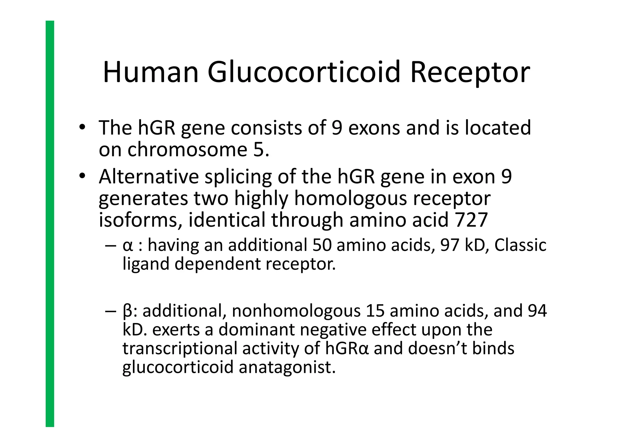 Human Glucocorticoid Receptor
• The hGR gene consists of 9 exons and is located
on chromosome 5.
• Alternative splicing of the hGR gene in exon 9
generates two highly homologous receptor
isoforms, identical through amino acid 727
– α : having an additional 50 amino acids, 97 kD, Classic
ligand dependent receptor.
– β: additional, nonhomologous 15 amino acids, and 94
kD. exerts a dominant negative effect upon the
transcriptional activity of hGRα and doesn’t binds
glucocorticoid anatagonist.
• The hGR gene consists of 9 exons and is located
on chromosome 5.
• Alternative splicing of the hGR gene in exon 9
generates two highly homologous receptor
isoforms, identical through amino acid 727
– α : having an additional 50 amino acids, 97 kD, Classic
ligand dependent receptor.
– β: additional, nonhomologous 15 amino acids, and 94
kD. exerts a dominant negative effect upon the
transcriptional activity of hGRα and doesn’t binds
glucocorticoid anatagonist.
 