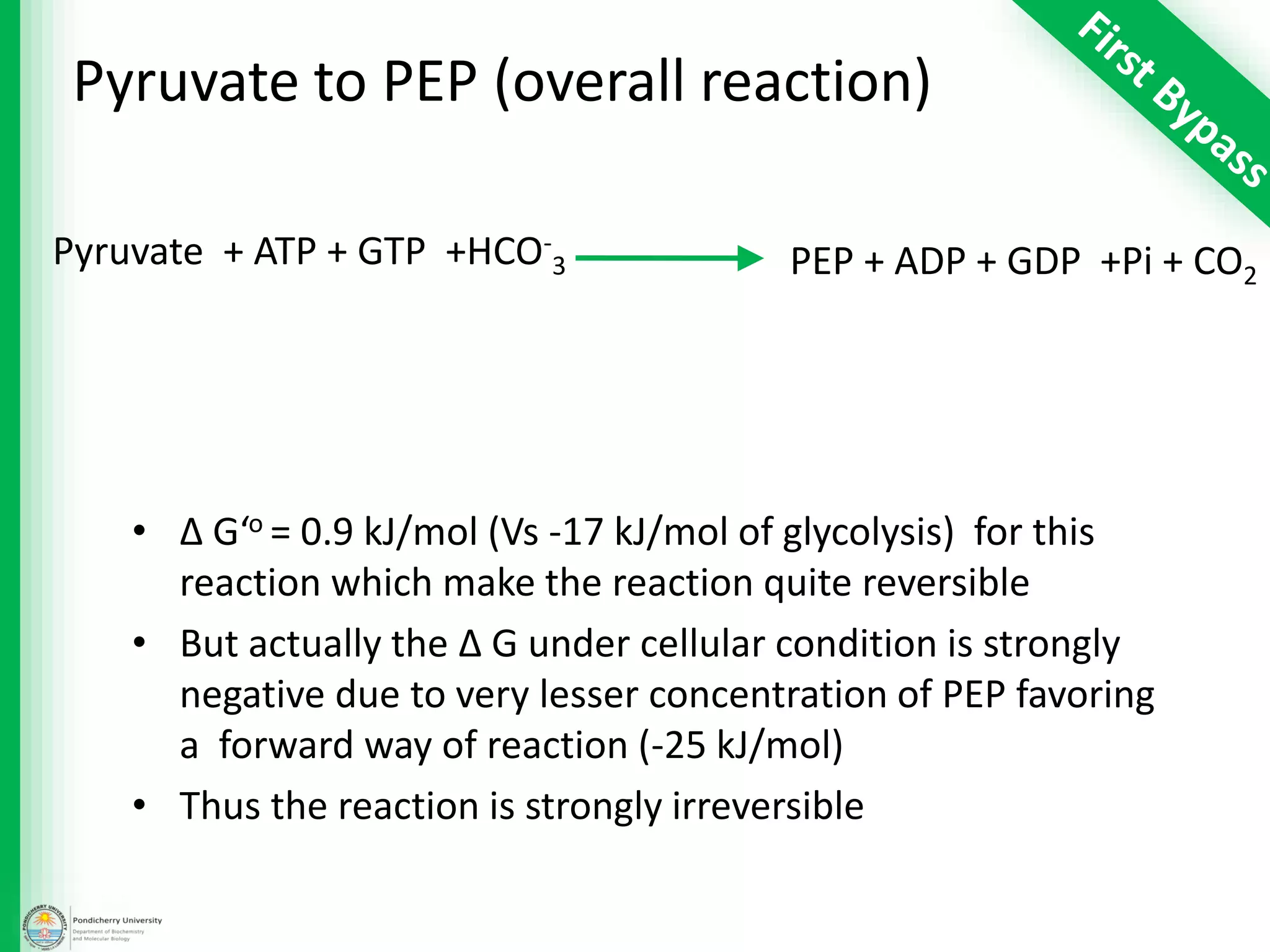 • Δ G‘o = 0.9 kJ/mol (Vs -17 kJ/mol of glycolysis) for this
reaction which make the reaction quite reversible
• But actually the Δ G under cellular condition is strongly
negative due to very lesser concentration of PEP favoring
a forward way of reaction (-25 kJ/mol)
• Thus the reaction is strongly irreversible
PEP + ADP + GDP +Pi + CO2
Pyruvate to PEP (overall reaction)
Pyruvate + ATP + GTP +HCO-
3
 