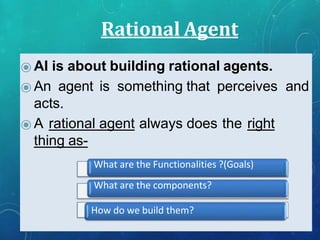 Rational Agent
⦿ AI is about building rational agents.
⦿ An agent is something that perceives and
acts.
⦿ A rational agent always does the right
thing as-
What are the Functionalities ?(Goals)
What are the components?
How do we build them?
 