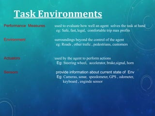 Task Environments
Performance Measures used to evaluate how well an agent solves the task at hand
eg: Safe, fast,legal, comfortable trip max profits
Environment surroundings beyond the control of the agent
eg: Roads , other trafic , pedestrians, customers
Actuators used by the agent to perform actions
Eg: Steering wheel, accelerator, brake,signal, horn
Sensors provide information about current state of Env
Eg: Cameras, sonar, speedometer, GPS , odometer,
keyboard , enginde sensor
 