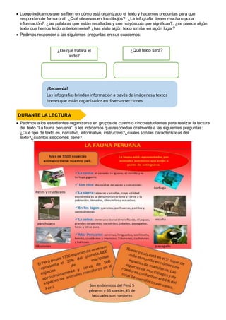  Luego indicamos que se fijen en cómo está organizado el texto y hacemos preguntas para que
respondan de forma oral: ¿Qué observas en los dibujos?, ¿La infografía tienen mucha o poca
información?, ¿las palabras que están resaltadas y con mayúscula que significan?, ¿se parece algún
texto que hemos leído anteriormente? ¿has visto algún texto similar en algún lugar?
 Pedimos responder a las siguientes preguntas en sus cuadernos:
 Pedimos a los estudiantes organizarse en grupos de cuatro o cinco estudiantes para realizar la lectura
del texto “La fauna peruana” y les indicamos que respondan oralmente a las siguientes preguntas:
¿Qué tipo de texto es, narrativo, informativo, instructivo?¿cuáles son las características del
texto?¿cuántos secciones tiene?
DURANTE LA LECTURA
¡Recuerda!
Las infografías brindan información a través de imágenes y textos
breves que están organizados en diversas secciones
¿De qué tratara el
texto?
¿Qué texto será?
 