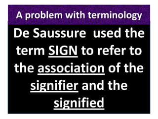 De Saussure used the
term SIGN to refer to
the association of the
signifier and the
signified
A problem with terminology
 