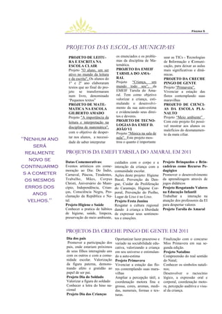 Página 5




               PROJETOS DAS ESCOLAS MUNICIPAIS
                PROJETO DE LEITU-               os enunciados e os proble-      usar as TICs - Tecnologias
                RA E ESCRITA NA                 mas da disciplina de Ma-        de Informação e Comuni-
                ESCOLA CLAIR                    temática.                       cação, para deixar as aulas
                Projeto "O aluno, um ser        PROJETO DA EMEIF                mais significativas e dinâ-
                ativo no mundo da leitura       TARSILA DO AMA-                 micas.
                e da escrita", Os alunos do     RAL                             PROJETO DA CRECHE
                1º e 2º ano elaboraram          Projeto ―Criança, um            PINGO DE GENTE
                textos que ao final do pro-     mundo todo seu‖, da             Projeto ―Primavera‖.
                jeto se transformaram           EMEIF Tarsila do Ama-           Vivenciar a estação das
                num livro, denominado           ral. Tem como objetivo          flores contemplando suas
                ‗Pequenos textos‖               valorizar a criança, esti-      maravilhas
                PROJETO DE MATE-                mulando o desenvolvi-           PROJETO DE CIENCI-
                MATICA NA ESCOLA                mento da sua auto-estima        AS DA ESCOLA PLA-
                GILBERTO AMADO                  e evidenciando seus direi-      NALTO
                Projeto "A importância da       tos e deveres.                  Projeto ―Meio ambiente‖ .
                leitura e interpretação na      PROJETO DE TECNO-               Com este projeto foi possí-
                                                LOGIAS DA EMEF D.               vel mostrar aos alunos os
                disciplina de matemática",
                                                JOÃO VI                         malefícios do desmatamen-
                com o objetivo de desper-       Projeto ―Música na sala de      to da mata ciliar.
                tar nos alunos, a necessi-      aula‖. Este projeto mos-
"Nenhum ano                                     trou o quanto é importante
                dade de saber interpretar
     será
  realmente    PROJETOS DA EMEFI TARSILA DO AMARAL EM 2011
   novo se     Datas Comemorativas:             cuidados com o corpo e a        Projeto Brinquedos e Brin-
continuarmo    Eventos artísticos em come-      interação da criança com a      cadeiras como Recurso Pe-
               moração ao Dia: Do Índio,        comunidade escolar.             dagógico
 s a cometer   Carnaval, Páscoa, Tiradentes,    Ações deste projeto: Higiene    Promover o desenvolvimento
  os mesmos    Trabalho, Mães, Corpus           Bucal, Prevenção da Den-        da aprendizagem através de
               Christi, Aniversário do Muni-    gue, Cuidar da Proliferação     jogos didáticos
  erros dos    cípio, Independência, Crian-     do Caramujo, Higiene Cor-       Projeto Resgatando Valores
               ças, Consciência Negra, Pro-     poral, Prevenção do Piolho,     na Educação Infantil
     anos      clamação da República e Na-                                      Trabalhar a      interação na
                                                Lugar de Lixo é no Lixo.
   velhos."    tal.                             Projeto Festa Junina            atuação dos professores da EI
               Projeto Higiene e Saúde          Resgatar a cultura regional     para despertar valores
               Conhecer a pratica de hábitos    dando à criança a liberdade     Projeto Tarsila do Amaral
               de higiene, saúde, limpeza,      de expressar seus sentimen-
               preservação do meio ambiente,    tos e emoções.


               PROJETOS DA CRECHE PINGO DE GENTE EM 2011
               Dia dos pais                     Oportunizar lazer prazeroso e   Finalização com o concurso
                Promover a participação dos     variado na sociabilidade edu-   Miss Primavera em sua se-
               pais, onde estariam próximos     cativa, valorizando a criança   gunda edição.
               de seus filhos interagindo uns   em seu universo e estimulan-    Projeto Natalino
               com os outros e com a comu-      do a auto-estima                Compreensão do real sentido
               nidade escolar. Valorização      Projeto Primavera               do Natal;
               da figura paterna, demons-       Vivenciar a estação das flo-    Conhecer os símbolos natali-
               trando afeto e gratidão ao       res contemplando suas mara-     nos;
               papel de ser pai.                vilhas                          Desenvolver o raciocínio
               Projeto Dia do Soldado           Ampliar a percepção tátil, a    lógico, a expressão oral e
               Valorizar a figura do soldado    coordenação motora fina e       corporal, coordenação moto-
               Conhecer a letra do hino na-     grossa, cores, aromas, medi-    ra, percepção auditiva e visu-
               cional                           das, numerais, formas e tex-    al da criança.
               Projeto Dia das Crianças         turas.
 