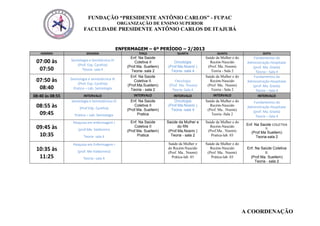 FUNDAÇÃO “PRESIDENTE ANTÔNIO CARLOS” - FUPAC
ORGANIZAÇÃO DE ENSINO SUPERIOR
FACULDADE PRESIDENTE ANTÔNIO CARLOS DE ITAJUBÁ
A COORDENAÇÃO
ENFERMAGEM – 6º PERÍODO – 2/2013
HORÁRIO SEGUNDA TERÇA QUARTA QUINTA SEXTA
07:00 às
07:50
Semiologia e Semitécnica III
(Prof. Esp. Cynthia)
Teoria- sala 4
Enf. Na Saúde
Coletiva II
(Prof.Ma. Suellem)
Teoria- sala 2
Oncologia
(Prof.Ma.Noemi )
Teoria- sala 4
Saúde da Mulher e do
Recém-Nascido
(Prof. Ma..Noemi)
Teoria - Sala 2
Fundamentos da
Administração Hospitalar
(prof. Ma. Gisela)
Teoria – Sala 4
07:50 às
08:40
Semiologia e semiotécnica III
(Prof. Esp. Cynthia)
Pratica – Lab. Semiologia
Enf. Na Saúde
Coletiva II.
(Prof.Ma.Suellem)
Teoria - sala 2
Oncologia
(Prof. Ma. Noemi)
Teoria- Sala 4
Saúde da Mulher e do
Recém-Nascido
(Prof. Ma.. Noemi)
Teoria - Sala 2
Fundamentos da
Administração Hospitalar
(prof. Ma. Gisela)
Teoria – Sala 4
08:40 às 08:55 INTERVALO INTERVALO INTERVALO INTERVALO INTERVALO
08:55 às
09:45
Semiologia e Semiotécnica III
(Prof.ESp. Cynthia)
Pratica – Lab. Semiologia
Enf. Na Saúde
Coletiva II
(Prof.Ma. Suellem)
Pratica
Oncologia
(Prof.Ma.Noemi )
Teoria -sala 4
Saúde da Mulher e do
Recém-Nascido
(Prof. Ma.. Noemi)
Teoria -Sala 2
Fundamentos da
Administração Hospitalar
(prof. Ma. Gisela)
Teoria – Sala 4
09:45 às
10:35
Pesquisa em enfermagem I
(prof.Me. Valdomiro
Teoria- sala 4
Enf. Na Saúde
Coletiva II
(Prof.Ma. Suellem)
Pratica
Saúde da Mulher e
do RN
(Prof.Ma.Noemi )
Teoria - sala 2
Saúde da Mulher e do
Recém-Nascido
(Prof.Ma.. Noemi)
Pratica-lab. 03
Enf. Na Saúde COLETIVA
II.
(Prof.Ma Suellem)
Teoria-sala 2
10:35 às
11:25
Pesquisa em Enfermagem I
(prof. Me Valdomiro)
Teoria– sala 4
Saúde da Mulher e
do Recém-Nascido
(Prof. Ma.. Noemi)
Prática-lab. 03
Saúde da Mulher e do
Recém-Nascido
(Prof. Ma.. Noemi)
Prática-lab. 03
Enf. Na Saúde Coletiva
II.
(Prof.Ma. Suellem)
Teoria - sala 2
 