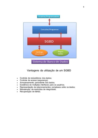 8
Vantagens da utilização de um SGBD
 Controle de redundância dos dados;
 Controle de acesso (segurança);
 Armazenamento persistente dos dados;
 Existência de múltiplas interfaces para os usuários;
 Representação de relacionamentos complexos entre os dados;
 Manutenção de restrições de integridade;
 Recuperação de falhas;
 