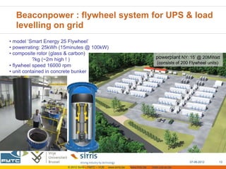 Beaconpower : flywheel system for UPS & load
  levelling on grid
• model ‘Smart Energy 25 Flywheel’
• powerrating: 25kWh (15minutes @ 100kW)
• composite rotor (glass & carbon)
           ?kg (~2m high ! )                                                        powerplant NY: 15’ @ 20MWatt
                                                                                     (consists of 200 Flywheel units)
• flywheel speed 16000 rpm
• unit contained in concrete bunker




                                                                                                      07-06-2012        13
                       © 2012 Sirris – FMTC – VUB   www.sirris.be   www.fmtc.be   mobi.vub.ac.be
 