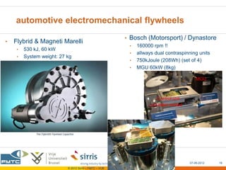 automotive electromechanical flywheels
                                                                    • Bosch (Motorsport) / Dynastore
•   Flybrid & Magneti Marelli
                                                                        •   160000 rpm !!
     •   530 kJ, 60 kW
                                                                        •   allways dual contraspinning units
     •   System weight: 27 kg
                                                                        •   750kJoule (208Wh) (set of 4)
                                                                        •   MGU 60kW (8kg)

                                                                                                            MGU



                                                                                         Control unit
                                                                                         water cooled




                                                                                                        07-06-2012   16
                           © 2012 Sirris – FMTC – VUB   www.sirris.be   www.fmtc.be   mobi.vub.ac.be
 