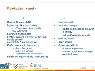 Flywheels: + and -


                     +                                                                 -
•   State of Charge (SoC)                                               •   Purchase cost
•   high energy & power density                                         •   Dedicated designs
     •   3-10 Wh/kg (w.r.t. total weight)                                    • limited combinations of power
     •   1000-3000 W/kg                                                         & energy
•   Low maintenance cost
                                                                             • not sold/available as such
•   Lifetime (order > 20 year) for big non-
                                                                        •   Standing losses
    mobile systems;
    automobile ? not proven yet                                         •   Safety issues
•   Performance not influenced by:                                      •   (Gyroscopic effect)
          • Amount of cycles                                                  •       for mobile applications
          • Depth of discharge                                                •       solve with 2 flywheels spinning in
          • Temperature or environment                                                opposite direction
•   high round-trip-efficiency (load/unload)



                                                                                                         07-06-2012    17
                           © 2012 Sirris – FMTC – VUB   www.sirris.be   www.fmtc.be     mobi.vub.ac.be
 