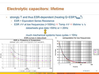 Electrolytic capacitors: lifetime

•    strongly T and thus ESR-dependent (heating Q~ESR*IRMS2)
      • ESR = Equivalent Series Resistance
      • ESR ⇗⇗ at low frequencies (<100Hz)  Temp ⇗⇗  lifetime ⇘ ⇘
                 datasheets give data >50Hz or > 20Hz

                  much mechanical systems have cycles < 10Hz
                ESR-curves in data-sheet                                      extrapolation for low frequencies




                                                                                                       07-06-2012   41
                      © 2012 Sirris – FMTC – VUB   www.sirris.be       www.fmtc.be   mobi.vub.ac.be
 