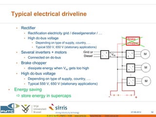 Typical electrical driveline

     •   Rectifier
          • Rectification electricity grid / dieselgenerator / …
          • High dc-bus voltage
               • Depending on type of supply, country, …
               • Typical 550 V, 650 V (stationary applications)
     •   Several inverters + motors
          • Connected on dc-bus
     •   Brake chopper
          • dissipate energy when Vdc gets too high
     •   High dc-bus voltage
          • Depending on type of supply, country, …
          • Typical 550 V, 650 V (stationary applications)

•    Energy saving
       store energy in supercaps


                                                                                                      07-06-2012   52
                          © 2012 Sirris – FMTC – VUB   www.sirris.be   www.fmtc.be   mobi.vub.ac.be
 