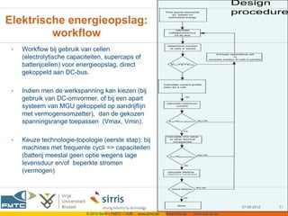 Elektrische energieopslag:
         workflow
 •   Workflow bij gebruik van cellen
     (electrolytische capaciteiten, supercaps of
     batterijcellen) voor energieopslag, direct
     gekoppeld aan DC-bus.

 •   Indien men de werkspanning kan kiezen (bij
     gebruik van DC-omvormer, of bij een apart
     systeem van MGU gekoppeld op aandrijflijn
     met vermogensomzetter), dan de gekozen
     spanningsrange toepassen (Vmax, Vmin).

 •   Keuze technologie-topologie (eerste stap): bij
     machines met frequente cycli => capaciteiten
     (batterij meestal geen optie wegens lage
     levensduur en/of beperkte stromen
     (vermogen)




                                                                                                        07-06-2012   71
                            © 2012 Sirris – FMTC – VUB   www.sirris.be   www.fmtc.be   mobi.vub.ac.be
 