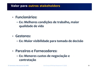 2º Seminário Internacional de BPM ELO Group & Michael Rosemann © 2010 34
Valor para outros stakeholders
• Funcionários:
– Ex: Melhores condições de trabalho, maior
qualidade de vida
• Gestores:
– Ex: Maior visibilidade para tomada de decisão
• Parceiros e Fornecedores:
– Ex: Menores custos de negociação e
contratação
 