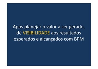 Após planejar o valor a ser gerado,
dê VISIBILIDADE aos resultados
esperados e alcançados com BPM
 