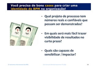 2º Seminário Internacional de BPM ELO Group & Michael Rosemann © 2010 53
Você precisa de bons cases para criar uma
identidade de BPM na organização!
• Qual projeto de processo tem
números reais e confiáveis que
possam ser demonstrados?
• Em quais será mais fácil trazer
visibilidade de resultados no
curto prazo?
• Quais são capazes de
sensibilizar / impactar?
 