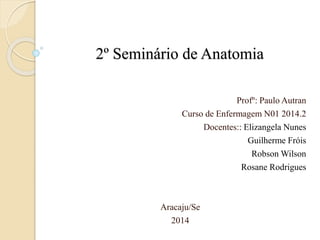 2º Seminário de Anatomia 
Profº: Paulo Autran 
Curso de Enfermagem N01 2014.2 
Docentes:: Elizangela Nunes 
Guilherme Fróis 
Robson Wilson 
Rosane Rodrigues 
Aracaju/Se 
2014  