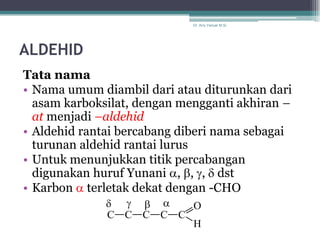 Dr. Arry Yanuar M.Si.




ALDEHID
Tata nama
• Nama umum diambil dari atau diturunkan dari
  asam karboksilat, dengan mengganti akhiran –
  at menjadi –aldehid
• Aldehid rantai bercabang diberi nama sebagai
  turunan aldehid rantai lurus
• Untuk menunjukkan titik percabangan
  digunakan huruf Yunani a, b, g, d dst
• Karbon a terletak dekat dengan -CHO
              d g   b a   O
              C C   C C C
                          H
 