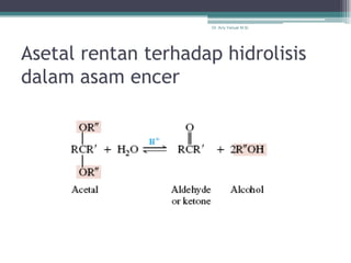 Dr. Arry Yanuar M.Si.




Asetal rentan terhadap hidrolisis
dalam asam encer
 