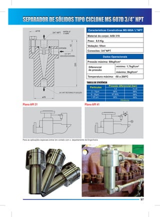 SEPARADOR DE SÓLIDOS TIPO CICLONE MS 607D 3/4” NPT
             ø110                         saída p/
                                                                     Características Construtivas MS 689A ½”NPT
                               3/4” NPT   o selo
                                                                     Material do corpo: AISI 316

                                                                     Peso: 8,5 Kg.




                                                  42
                                                                     Vedação: Viton
                                      entrada
                                                                     Conexões: 3/4”NPT
                                            3/4” NPT
                                       DESCARGA DA BOMBA
                                                                                    Dados Operacionais

                                                                     Pressão máxima: 60kgf/cm²




                                                       220
                                                                      Diferencial                mínimo: 1,7kgf/cm²
                                                                      de pressão
                                                                                                 máximo: 8kgf/cm²
                                                                     Temperatura máxima: -50 a 200ºC

                                                                    TABELA DE EFICIÊNCIA
                                                                                           Pressão diferencial (bar)
                                                                       Partículas
                                                                                               1,5                 4a8
                                      3/4” NPT RETORNO P/ SUCÇÃO
                                                                        2 - 10µm              86%                  88%
                                                                        6 - 30µm             97.50%                99%
                    ø70                                                 > 20 µm               99%                  99%
                                                                                                      Eficiência

Plano API 31                                                       Plano API 41




Para as aplicações especiais entrar em contato com o departamento de Engenharia




                                                                                                                         97
 