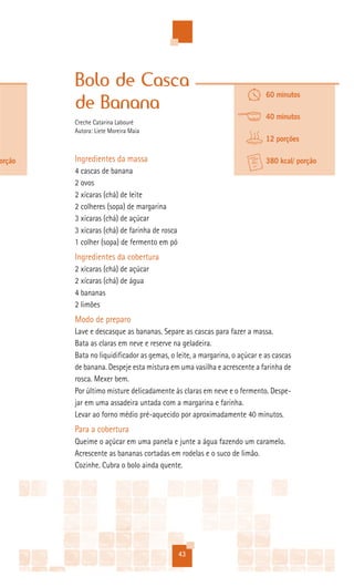 Bolo de Casca
                                                                          60 minutos
        de Banana
                                                                          40 minutos
        Creche Catarina Labouré
        Autora: Liete Moreira Maia
                                                                          12 porções

orção   Ingredientes da massa                                             380 kcal/ porção
        4 cascas de banana
        2 ovos
        2 xícaras (chá) de leite
        2 colheres (sopa) de margarina
        3 xícaras (chá) de açúcar
        3 xícaras (chá) de farinha de rosca
        1 colher (sopa) de fermento em pó
        Ingredientes da cobertura
        2 xícaras (chá) de açúcar
        2 xícaras (chá) de água
        4 bananas
        2 limões
        Modo de preparo
        Lave e descasque as bananas. Separe as cascas para fazer a massa.
        Bata as claras em neve e reserve na geladeira.
        Bata no liquidificador as gemas, o leite, a margarina, o açúcar e as cascas
        de banana. Despeje esta mistura em uma vasilha e acrescente a farinha de
        rosca. Mexer bem.
        Por último misture delicadamente às claras em neve e o fermento. Despe-
        jar em uma assadeira untada com a margarina e farinha.
        Levar ao forno médio pré-aquecido por aproximadamente 40 minutos.
        Para a cobertura
        Queime o açúcar em uma panela e junte a água fazendo um caramelo.
        Acrescente as bananas cortadas em rodelas e o suco de limão.
        Cozinhe. Cubra o bolo ainda quente.




                                              43
 