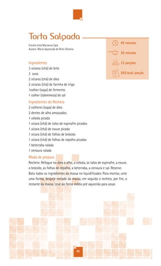 Torta Salgada
                                                                     45 minutos
Creche Irmã Marianna Sala
Autora: Maria Aparecida de Brito Oliveira
                                                                     30 minutos

Ingredientes                                                         12 porções
3 xícaras (chá) de leite
3 ovos                                                               365 kcal/ porção
2 xícaras (chá) de óleo
2 xícaras (chá) de farinha de trigo
1colher (sopa) de fermento
1 colher (sobremesa) de sal
Ingredientes do Recheio
2 colheres (sopa) de óleo
2 dentes de alho amassados
1 cebola picada
1 xícara (chá) de talos de espinafre picados
1 xícara (chá) de couve picada
1 xícara (chá) de folhas de brócolo
1 xícara (chá) de folhas de repolho picadas
1 beterraba ralada
1 cenoura ralada
Modo de preparo
Recheio: Refogue no óleo o alho, a cebola, os talos de espinafre, a couve,
o brócolo, as folhas de repolho, a beterraba, a cenoura e sal. Reserve.
Bata todos os ingredientes da massa no liquidificador. Para montar, unte
uma forma, despeje metade da massa, em seguida o recheio, por fim, o
restante da massa. Leve ao forno médio pré aquecido para assar.




                                            46
 