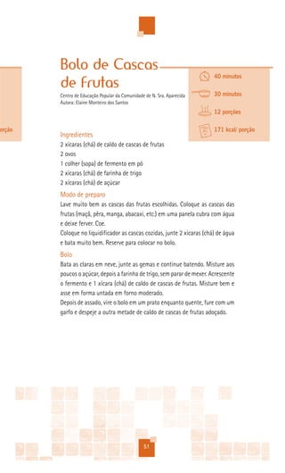 Bolo de Cascas
                                                                         40 minutos
        de Frutas
        Centro de Educação Popular da Comunidade de N. Sra. Aparecida    30 minutos
        Autora: Elaine Monteiro dos Santos
                                                                         12 porções

orção                                                                    171 kcal/ porção
        Ingredientes
        2 xícaras (chá) de caldo de cascas de frutas
        2 ovos
        1 colher (sopa) de fermento em pó
        2 xícaras (chá) de farinha de trigo
        2 xícaras (chá) de açúcar
        Modo de preparo
        Lave muito bem as cascas das frutas escolhidas. Coloque as cascas das
        frutas (maçã, pêra, manga, abacaxi, etc.) em uma panela cubra com água
        e deixe ferver. Coe.
        Coloque no liquidificador as cascas cozidas, junte 2 xícaras (chá) de água
        e bata muito bem. Reserve para colocar no bolo.
        Bolo
        Bata as claras em neve, junte as gemas e continue batendo. Misture aos
        poucos o açúcar, depois a farinha de trigo, sem parar de mexer. Acrescente
        o fermento e 1 xícara (chá) de caldo de cascas de frutas. Misture bem e
        asse em forma untada em forno moderado.
        Depois de assado, vire o bolo em um prato enquanto quente, fure com um
        garfo e despeje a outra metade de caldo de cascas de frutas adoçado.




                                                51
 