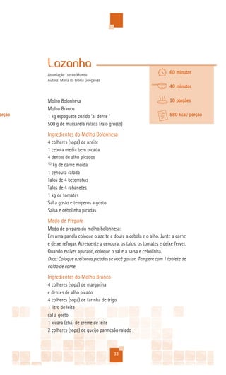 Lazanha
        Associação Luz do Mundo
                                                                          60 minutos
        Autora: Maria da Glória Gonçalves
                                                                          40 minutos


        Molho Bolonhesa                                                   10 porções
        Molho Branco
orção   1 kg espaguete cozido ‘al dente ‘                                 580 kcal/ porção
        500 g de mussarela ralada (ralo grosso)
        Ingredientes do Molho Bolonhesa
        4 colheres (sopa) de azeite
        1 cebola media bem picada
        4 dentes de alho picados
        1/2
            kg de carne moída
        1 cenoura ralada
        Talos de 4 beterrabas
        Talos de 4 rabanetes
        1 kg de tomates
        Sal a gosto e temperos a gosto
        Salsa e cebolinha picadas
        Modo de Preparo
        Modo de preparo do molho bolonhesa:
        Em uma panela coloque o azeite e doure a cebola e o alho. Junte a carne
        e deixe refogar. Acrescente a cenoura, os talos, os tomates e deixe ferver.
        Quando estiver apurado, coloque o sal e a salsa e cebolinha.
        Dica: Coloque azeitonas picadas se você gostar. Tempere com 1 tablete de
        caldo de carne
        Ingredientes do Molho Branco
        4 colheres (sopa) de margarina
        e dentes de alho picado
        4 colheres (sopa) de farinha de trigo
        1 litro de leite
        sal a gosto
        1 xícara (chá) de creme de leite
        2 colheres (sopa) de queijo parmesão ralado



                                            33
 