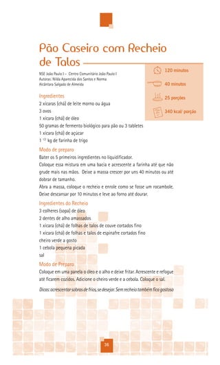 Pão Caseiro com Recheio
de Talos
                                                                         120 minutos
NSE João Paulo I – Centro Comunitário João Paulo I
Autoras: Nilda Aparecida dos Santos e Norma
Alcântara Salgado de Almeida                                             40 minutos

Ingredientes                                                             25 porções
2 xícaras (chá) de leite morno ou água
3 ovos                                                                   340 kcal/ porção
1 xícara (chá) de óleo
50 gramas de fermento biológico para pão ou 3 tabletes
1 xícara (chá) de açúcar
1 1/2 kg de farinha de trigo
Modo de preparo
Bater os 5 primeiros ingredientes no liquidificador.
Coloque essa mistura em uma bacia e acrescente a farinha até que não
grude mais nas mãos. Deixe a massa crescer por uns 40 minutos ou até
dobrar de tamanho.
Abra a massa, coloque o recheio e enrole como se fosse um rocambole.
Deixe descansar por 10 minutos e leve ao forno até dourar.
Ingredientes do Recheio
3 colheres (sopa) de óleo
2 dentes de alho amassados
1 xícara (chá) de folhas de talos de couve cortados fino
1 xícara (chá) de folhas e talos de espinafre cortados fino
cheiro verde a gosto
1 cebola pequena picada
sal
Modo de Preparo
Coloque em uma panela o óleo e o alho e deixe fritar. Acrescente e refogue
até ficarem cozidos. Adicione o cheiro verde e a cebola. Coloque o sal.
Dicas: acrescentar sobras de frios, se desejar. Sem recheio também fica gostoso




                                          36
 