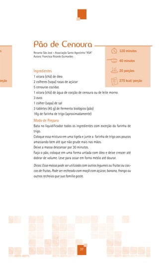 Pão de Cenoura
s       Recanto São José – Associação Santo Agostinho “ASA”
                                                                        120 minutos
        Autora: Francisca Ricardo Guimarães
                                                                        40 minutos


        Ingredientes                                                    20 porções
        1 xícara (chá) de óleo
orção   2 colheres (sopa) rasas de açúcar                             275 kcal/ porção
        5 cenouras cozidas
        1 xícara (chá) de água de cocção de cenoura ou de leite morno
        3 ovos
        1 colher (sopa) de sal
        3 tabletes (45 g) de fermento biológico (pão)
        1Kg de farinha de trigo (aproximadamente)
        Modo de Preparo
        Bata no liquidificador todos os ingredientes com exceção da farinha de
        trigo.
        Coloque essa mistura em uma tigela e junte a farinha de trigo aos poucos
        amassando bem até que não grude mais nas mãos.
        Deixe a massa descansar por 30 minutos.
        Faça o pão, coloque em uma forma untada com óleo e deixe crescer até
        dobrar de volume. Leve para assar em forno médio até dourar.
        Dicas: Essa massa pode ser utilizada com outros legumes ou frutas ou cas-
        cas de frutas. Pode ser recheado com maçã com açúcar, banana, frango ou
        outros recheios que sua família goste.




                                                37
 