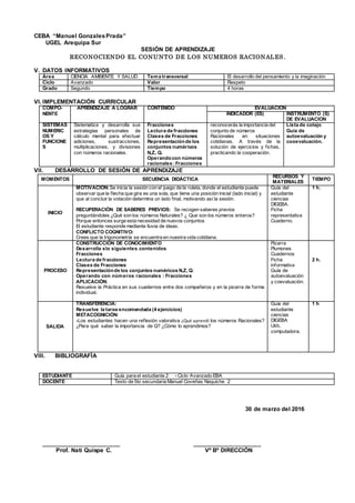 CEBA “Manuel GonzalesPrada”
UGEL Arequipa Sur
SESIÓN DE APRENDIZAJE
RECONOCIENDO EL CONUNTO DE LOS NUMEROS RACIONALES .
V. DATOS INFORMATIVOS
Área CIENCIA AMBIENTE Y SALUD Tema transversal El desarrollo del pensamiento y la imaginación
Ciclo Avanzado Valor Respeto
Grado Segundo Tiempo 4 horas
VI. IMPLEMENTACIÓN CURRICULAR
COMPO-
NENTE
APRENDIZAJE A LOGRAR CONTENIDO EVALUACIÓN
INDICADOR (ES) INSTRUMENTO (S)
DE EVALUACION
SISTEMAS
NUMERIC
OS Y
FUNCIONE
S
Sistematiza y desarrolla sus
estrategias personales de
cálculo mental para efectuar
adiciones, sustracciones,
multiplicaciones, y divisiones
con números racionales.
Fracciones
Lectura de fracciones
Clases de Fracciones
Representaciónde los
conjuntos numéricos
N,Z, Q.
Operandocon números
racionales :Fracciones
reconocerás la importancia del
conjunto de números
Racionales en situaciones
cotidianas. A través de la
solución de ejercicios y fichas,
practicando la cooperación.
Lista de cotejo
Guía de
autoevaluación y
cooevaluaciòn.
VII. DESARROLLO DE SESIÒN DE APRENDIZAJE
MOMENTOS SECUENCIA DIDÁCTICA
RECURSOS Y
MATERIALES
TIEMPO
INICIO
MOTIVACIÓN:Se inicia la sesión con el juego de la ruleta, donde el estudiante puede
observar que la flecha que gira es una sola, que tiene una posición inicial (lado inicial) y
que al concluir la votación determina un lado final, motivando así la sesión.
RECUPERACIÓN DE SABERES PREVIOS: Se recogen saberes previos
preguntándoles ¿Qué son los números Naturales? ¿ Que son los números enteros?
Porque entonces surge esta necesidad de nuevos conjuntos
El estudiante responde mediante lluvia de ideas.
CONFLICTO COGNITIVO:
Crees que la trigonometría se encuentra en nuestra vida cotidiana.
Guía del
estudiante
ciencias
DIGEBA.
Ficha
representativa
Cuaderno.
1 h.
PROCESO
CONSTRUCCIÓN DE CONOCIMIENTO
Desarrolla slo siguientes contenidos
Fracciones
Lectura de fracciones
Clases de Fracciones
Representaciónde los conjuntos numéricos N,Z, Q.
Operando con números racionales : Fracciones
APLICACIÒN:
Resuelve la Práctica en sus cuadernos entre dos compañeros y en la pizarra de forma
individual.
Pizarra
Plumones
Cuadernos
Ficha
informativa
Guía de
autoevaluación
y coevaluación.
2 h.
SALIDA
TRANSFERENCIA:
Resuelve la tarea encomendada (4 ejercicios)
METACOGNICIÓN:
-Los estudiantes hacen una reflexión valorativa ¿Qué aprendí los números Racionales?
¿Para qué saber la importancia de Q? ¿Cómo lo aprendimos?
Guía del
estudiante
ciencias
DIGEBA
Usb,
computadora.
1 h
VIII. BIBLIOGRAFÌA
ESTUDIANTE Guía para el estudiante 2 - Ciclo Avanzado EBA
DOCENTE Texto de 5to secundaria Manuel Coveñas Naquiche 2
30 de marzo del 2016
________________________ _____________________
Prof. Nati Quispe C. Vº Bº DIRECCIÓN
 