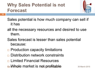 Why Sales Potential is not
Forecast
30 March 2015Yazad Umrigar Sales Force Management
10
Sales potential is how much company can sell if
it has
all the necessary resources and desired to use
them.
Sales forecast is lesser than sales potential
because:
 Production capacity limitations
 Distribution network constraints
 Limited Financial Resources
 Whole market is not profitable
 