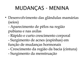 MUDANÇAS - MENINA
• Desenvolvimento das glândulas mamárias
(seios)
- Aparecimento de pêlos na região
pubiana e nas axilas
- Rápido e curto crescimento corporal 
- Surgimento de acnes (espinhas) em
função de mudanças hormonais
- Crescimento da região da bacia (cintura)
- Surgimento da menstruação
 